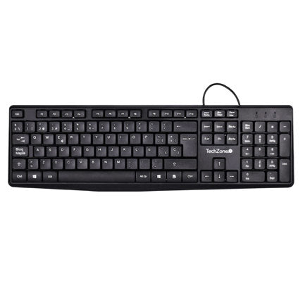 TECHZONE - Teclado Alambrico Techzone Basico Negro de ABS 105 Teclas QWERTY Longitud de Cable de 1.35m Indicadores Numerico