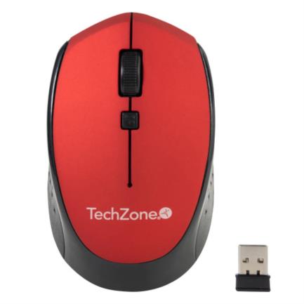 TECHZONE - Mouse Inalambrico TechZone Optico 800 a 1600dpi Ajustable 3 Botones Ambidiestro Win/MAC Color Rojo