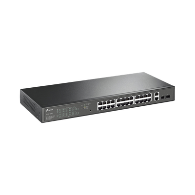 TP-LINK - Switch PoE Administrable 24 puertos 10/100/1000 Mbps / 2 puertos SFP / 24 puertos PoE af/at / Presupuesto PoE 250W /