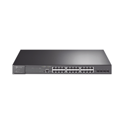 TP-LINK - Switch L2+ Omada PoE+ / 24 Puertos PoE+ 10/100/1000 Mbps / 4 Puertos SFP 1G / 2 Puertos Consola (RJ45 y microUSB) / Administración Centralizada Omada o Stand-Alone / Multicast IGMP / Calidad de Servicio / Presupuesto PoE 384W / Montaje en Rack