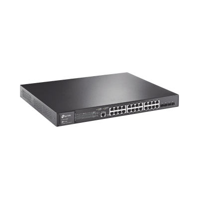 TP-LINK - Switch L2+ Omada PoE+ / 24 Puertos PoE+ 10/100/1000 Mbps / 4 Puertos SFP 1G / 2 Puertos Consola (RJ45 y microUSB) / Administración Centralizada Omada o Stand-Alone / Multicast IGMP / Calidad de Servicio / Presupuesto PoE 384W / Montaje en Rack