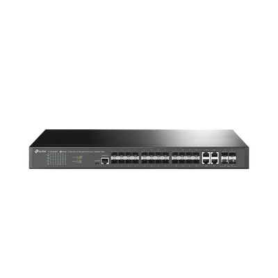 TP-LINK - Switch de Fibra Óptica L2+ Omada / 24 puertos SFP 1GE / 4 Puertos Combinados SFP+/RJ45 Gigabit / 2 Puertos Consola RJ45|micro-SUB / Administración Centralizada Omada o Stand-Alone / Compatile con IPv6 /  Multicast IGMP