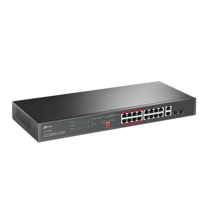 TP-LINK - Switch PoE+ No Administrable de 16 puertos 10/100 Mbps / 2 puertos 10/100/1000 Mbps en Combo con 2 Puertos SFP / Presuuesto PoE 250 W / Extensor PoE de hasta 250 metros
