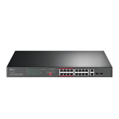 TP-LINK - Switch PoE+ No Administrable de 16 puertos 10/100 Mbps / 2 puertos 10/100/1000 Mbps en Combo con 2 Puertos SFP / Presuuesto PoE 250 W / Extensor PoE de hasta 250 metros