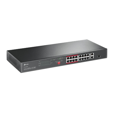 TP-LINK - Switch PoE+ no Administrable 16 puertos 10/100 Mbps + 2 puertos 10/100/1000 Mbps + 1 puerto SFP, 8 puertos Extensor PoE (hasta 250 m), 150W, diseño para Vigilancia IP