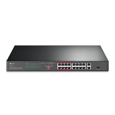 TP-LINK - Switch PoE+ no Administrable 16 puertos 10/100 Mbps + 2 puertos 10/100/1000 Mbps + 1 puerto SFP, 8 puertos Extensor PoE (hasta 250 m), 150W, diseño para Vigilancia IP