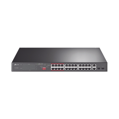 TP-LINK - Switch No Administrable 24 Puertos PoE+ 10/100 Mbps / 2 Puertos 10/100/1000 Mbps + 2 Puertos SFP (combo) / Modo Prioridad de Tráfico / Modo Aislamiento de Red / Presupuesto PoE de 250 W / Diseño para Ideal para Vigilancia IP