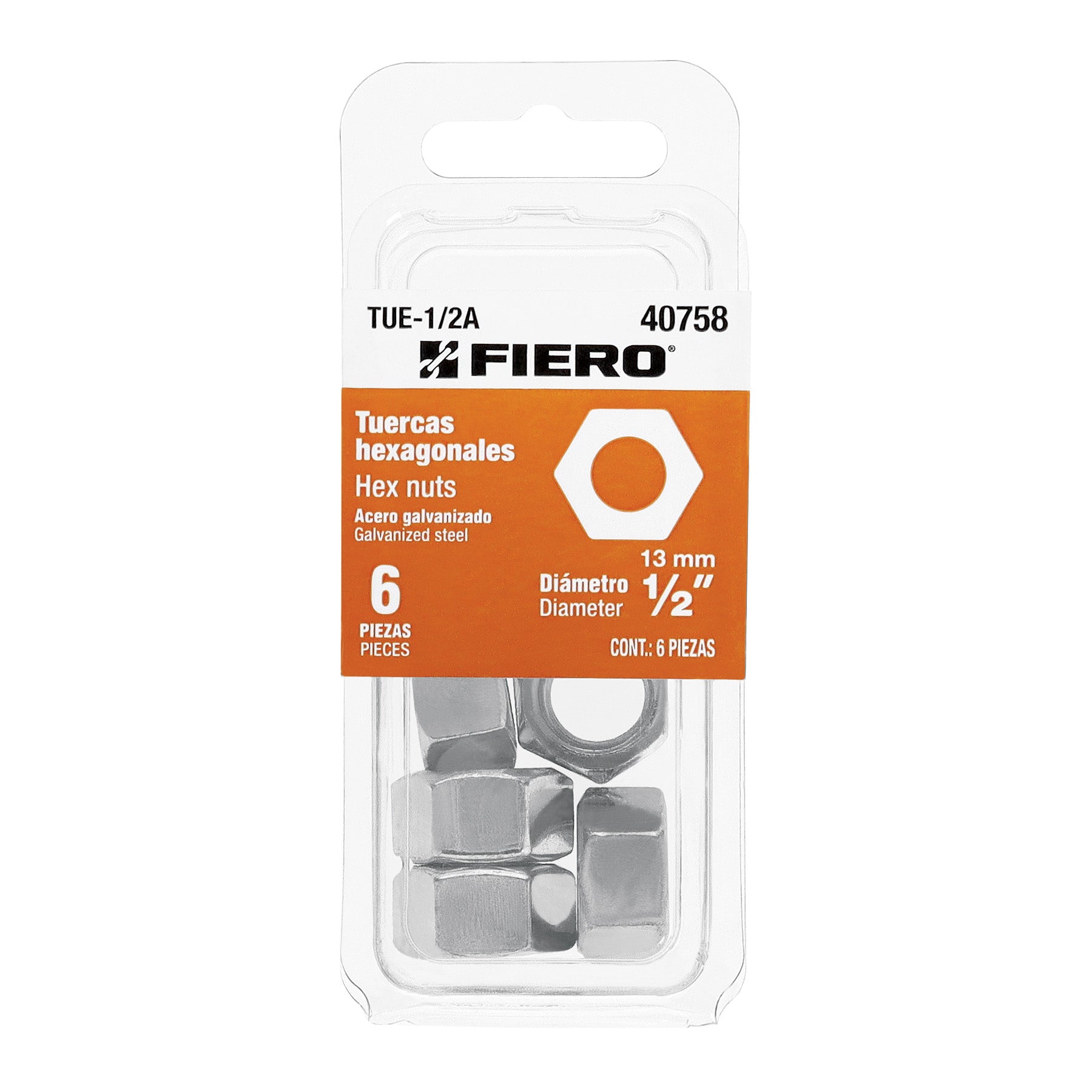 Blister con 6 tuercas 1/2' hex de acero galvanizado, FIERO