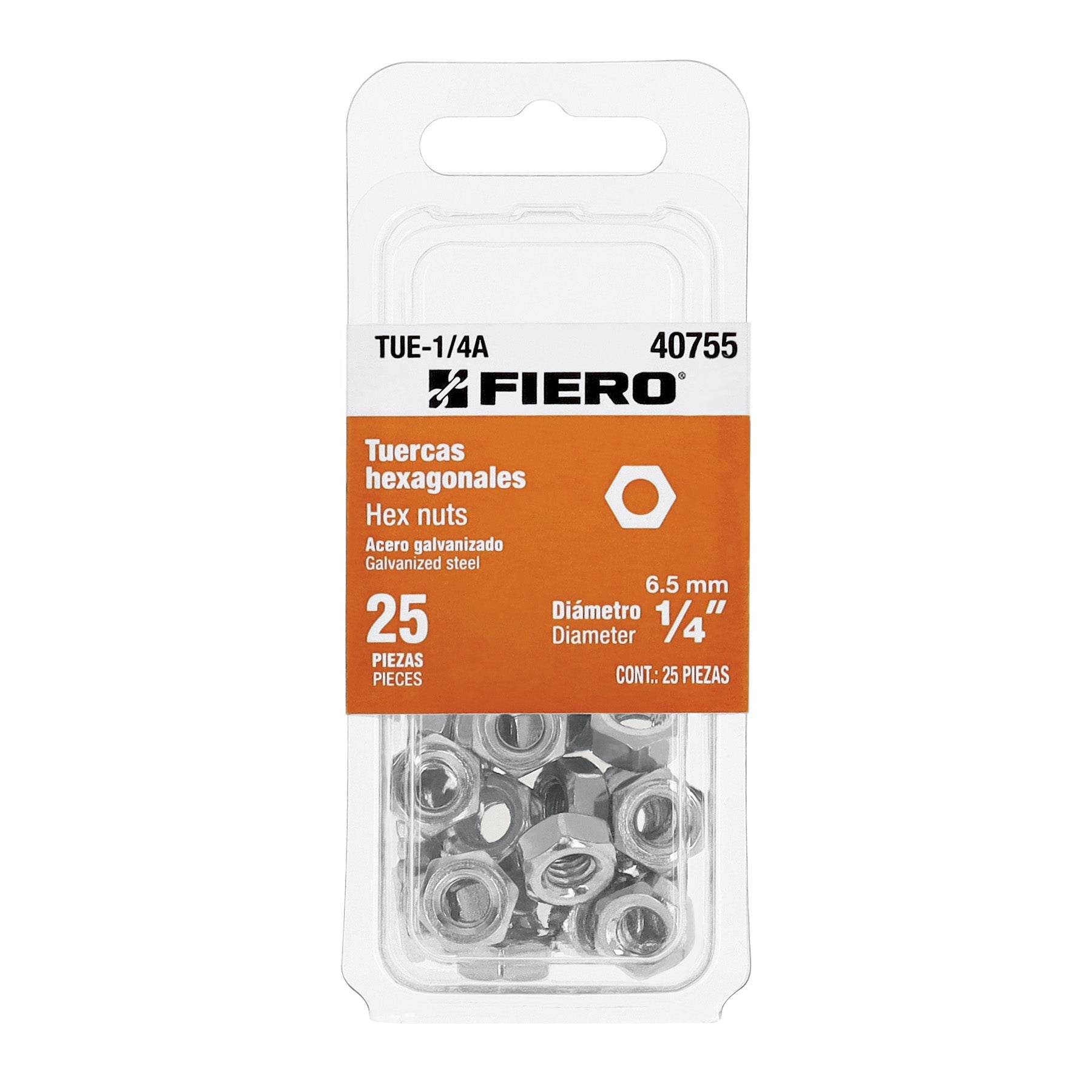 Blister con 25 tuercas 1/4' hex de acero galvanizado, FIERO