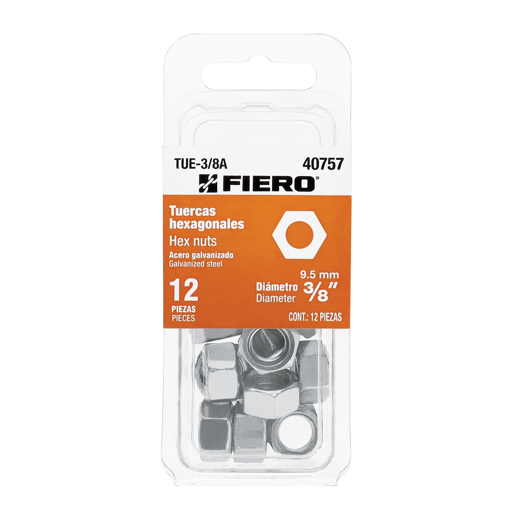 Blister con 12 tuercas 3/8' hex de acero galvanizado, FIERO