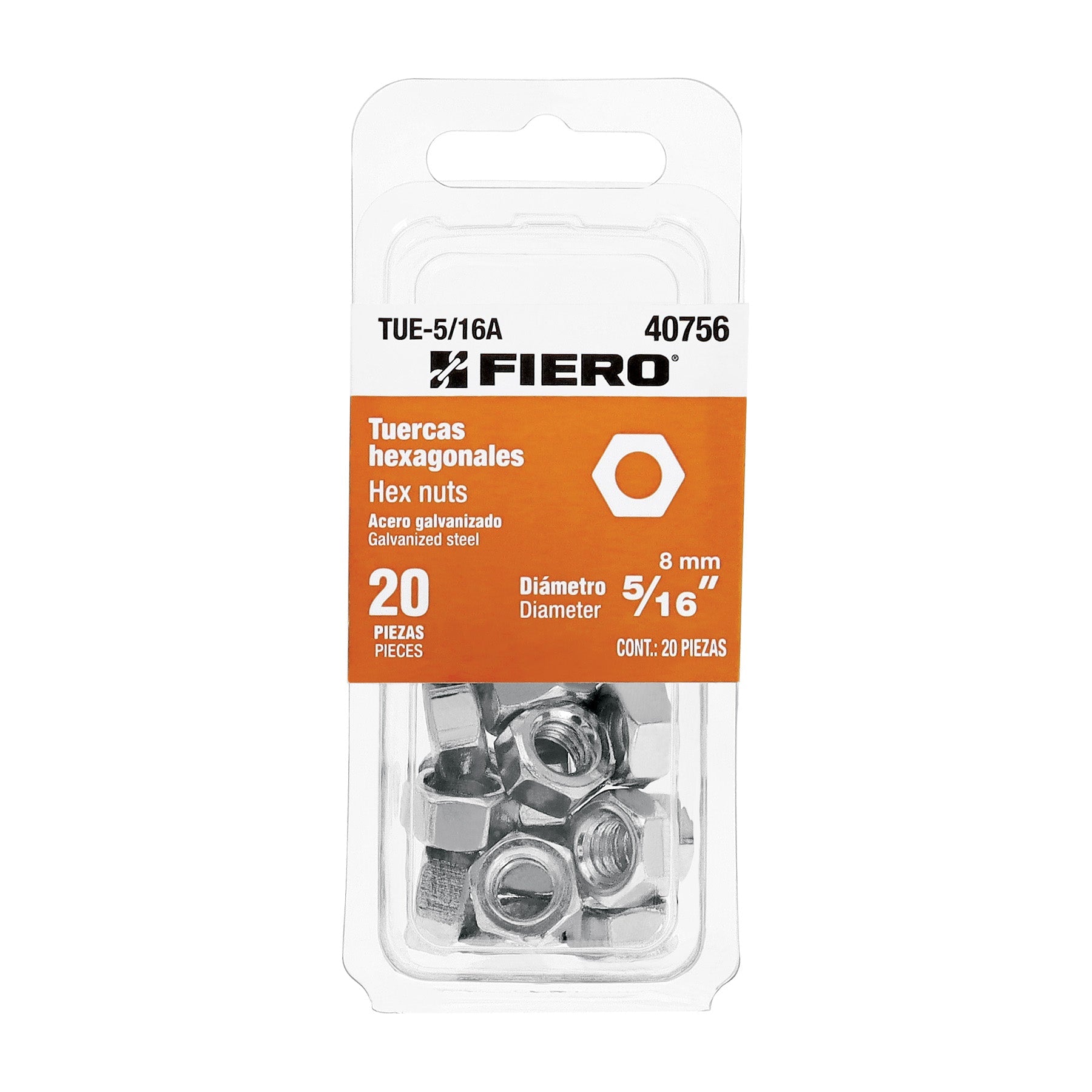 Blister con 20 tuercas 5/16' hex de acero galvanizado, FIERO