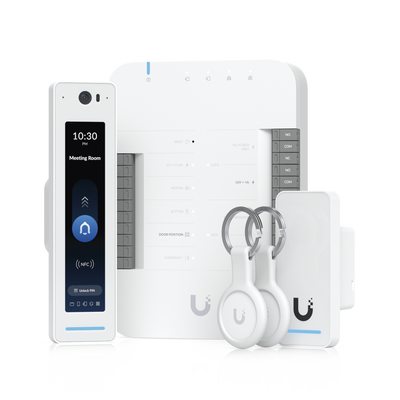 UBIQUITI - UniFi Access Kit de Inicio Gen2 Profesional para 1 puerta, (1) Lector NFC con pantalla táctil, audio 2 vías y cámara / (1) Lector NFC y de movimiento UA-G2 / Hub para conexiones para controlar una puerta con salida POE y energizar acc