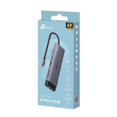 TP-LINK - Adaptador HUB 9 en 1, 1 puerto USB-C entrada, 1 puerto HDMI 4K, 1 puerto Ethernet Gigabit, 1 puerto SD y MicroSD, 1 puerto USB-C y 3 puertos USB-A