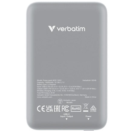 VERBATIM - Cargador Verbatim Charge and Go Magnetico Inalámbrico Power Bank 10000 mAh Gris