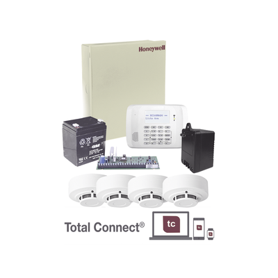HONEYWELL HOME RESIDEO - Kit de Panel de Alarma VISTA48LA con Gabinete, Batería y Transformador / 4 Sensores de humo