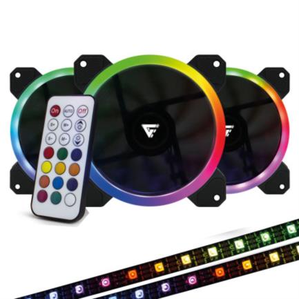VORAGO - Kit Ventiladores Game Factor FKG400 3 Fans 12mm RGB 2 Tiras Led Control Remoto