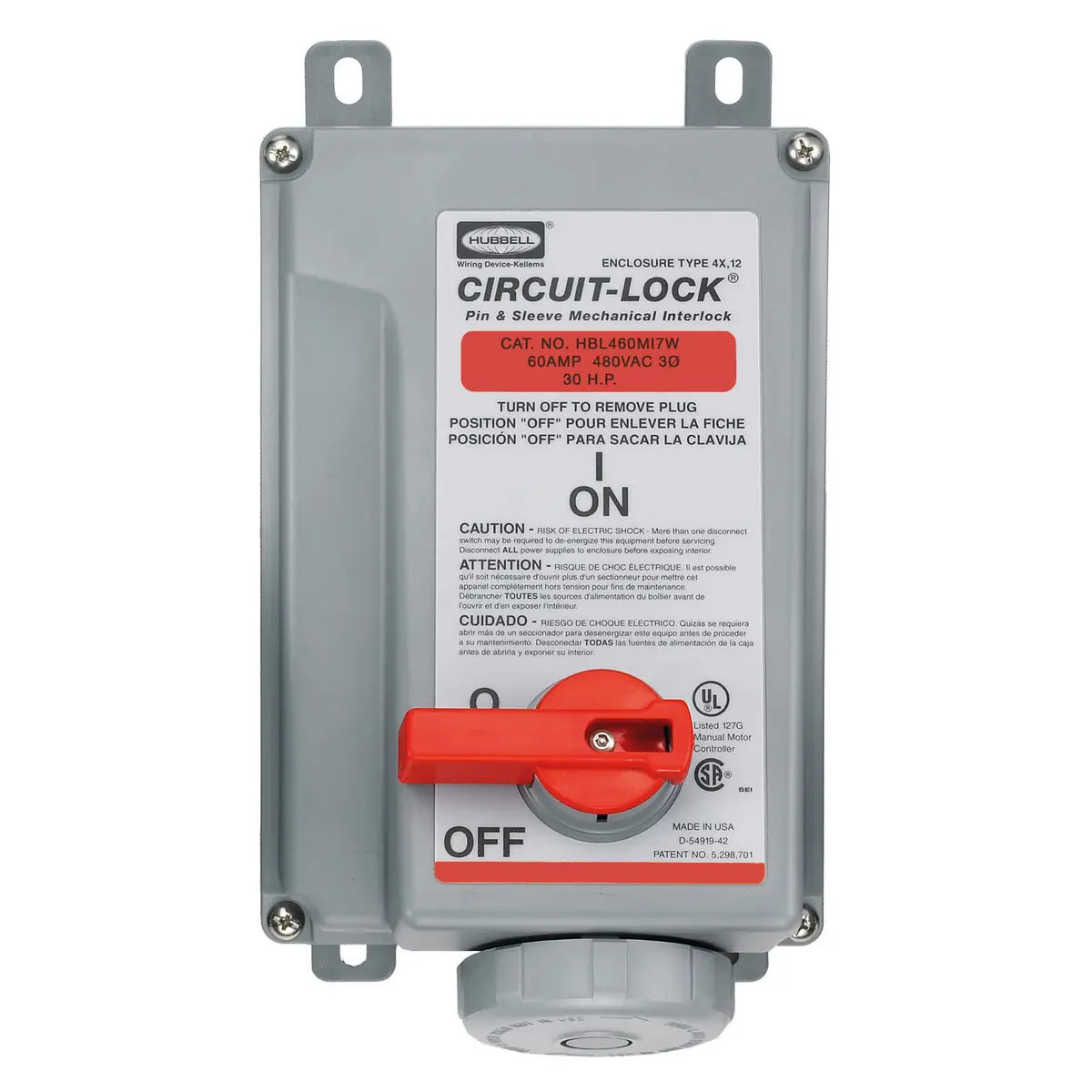 HUBBELL - Receptáculo Industrial Pin and Sleeve IEC / 60A 3 Fases Delta 480V AC / Interlock Mecánico / IP67 4X Watertight / Terminación con Tornillos / Material Termoplástico