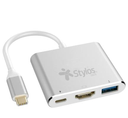 XZEAL - Hub 3 en 1 Stylos USB C a HDMI + USB 3.0 + USB C con Caja Gris