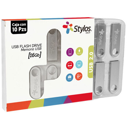 XZEAL - Kit 10 Memorias USB Stylos ST100 16GB Conexion Tipo A 2.0 Metalica Plata