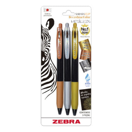 ZEBRA - Boigrafo Zebra decoshine retractil Punto fino 0.5 tinta gel colores surtidos metalicos caja c/3