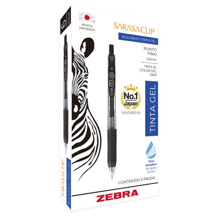 ZEBRA - Boligrafo Zebra Sarasa Clip rollerball retractil punto fino 0.5 tinta gel color negro caja c/6