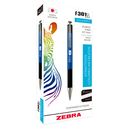 ZEBRA - Bolígrafo Zebra F-301 Retráctil Metálico Punto Fino 0.7mm Color Azul C/6 Pzas