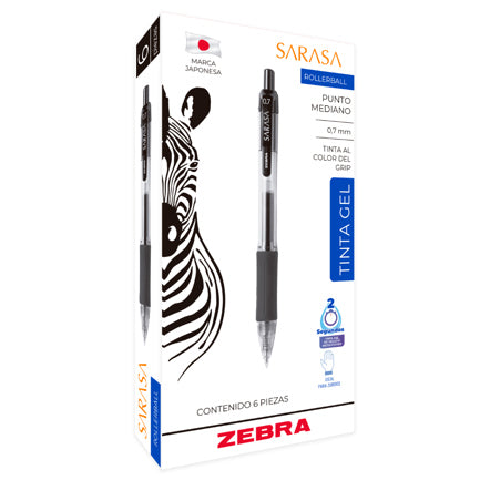 ZEBRA - Bolígrafo Zebra Sarasa Retráctil Punto Mediano 0.7m Tinta Gel Color Negro C/6 Pzas