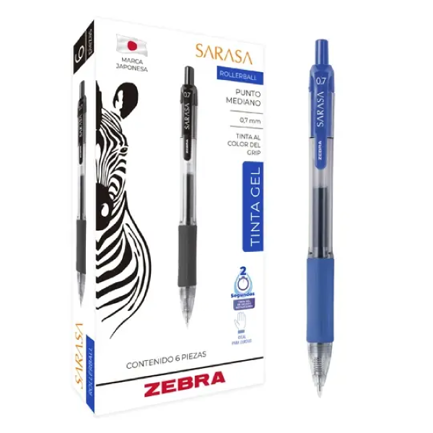 ZEBRA - Bolígrafo Zebra Sarasa Retráctil Punto Mediano 0.7m Tinta Gel Color Azul C/6 Pzas