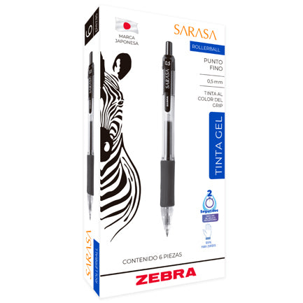 ZEBRA - Bolígrafo Zebra Sarasa Retráctil Punto Fino 0.5mm Tinta Gel Color Negro C/6 Pzas