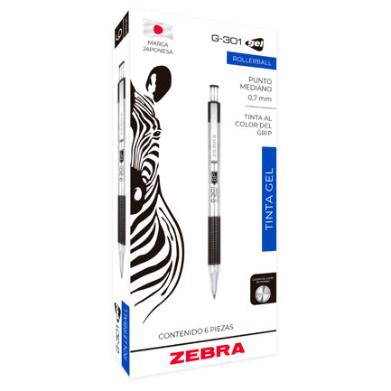 ZEBRA - Bolígrafo Zebra Rollerball G-301 Punto Mediano 0.7mm Tinta Gel Color Negro C/6 Pzas