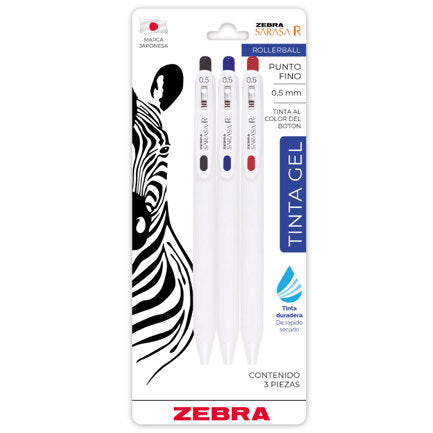 ZEBRA - Boligrafo Zebra Sarasa R Punto Fino 0.5mm Negro Azul Rojo BL/3pzs
