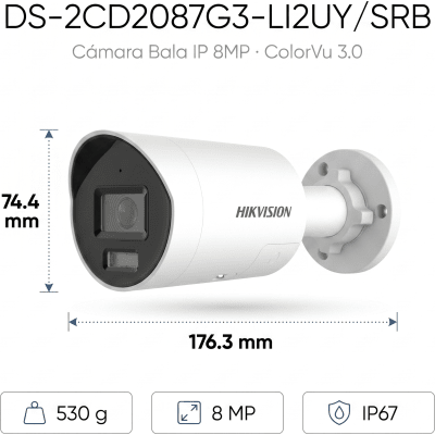 HIKVISION - [Dual Light + ColorVu 3.0 + HikAI] Bala IP 8 Megapixel / Lente 2.8 mm / 40 mts IR + Luz Blanca / 2 Microfonos Integrados / Exterior IP67 / Estrobo Azul y Rojo / WDR 130 dB / ACUSENSE 3.0 / Metal / NEMA 4X / ACUSEEK