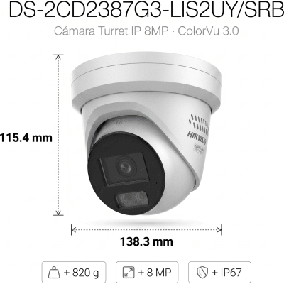 HIKVISION - [Dual Light + ColorVu 3.0 + HikAI] Turret IP 8 Megapixel / Lente 2.8 mm / 30 mts IR + Luz Blanca / 2 Microfonos Integrados / Exterior IP67 / Estrobo Azul y Rojo / WDR 130 dB / ACUSENSE 3.0 / Metal / NEMA 4X / ACUSEEK