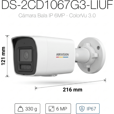 HIKVISION - [ColorVu 3.0 + MD 3.0] Bala IP 6 Megapixel / Lente 2.8 mm / 30 mts IR + 30 mts Luz Blanca / Micrófono Integrado / Motion Detection 3.0 / Exterior IP67 / WDR 120 dB / PoE / Micro SD