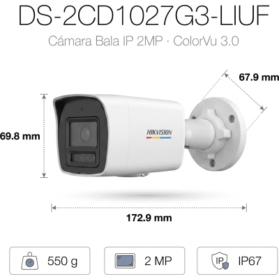 HIKVISION - [ColorVu 3.0 + MD 3.0] Bala IP 2 Megapixel / Lente 2.8 mm / 30 mts IR + 30 mts Luz Blanca / Micrófono Integrado / Detección de Movimiento 3.0 / Exterior IP67 / WDR 120 dB / PoE / Micro SD