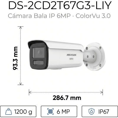 HIKVISION - [Dual Light + ColorVu 3.0 + HikAI] Bala IP 6 Megapixel / Lente 4 mm / 60 mts IR + Luz Blanca / Exterior IP67 / WDR 130 dB / ACUSENSE 3.0 / Metal / NEMA 4X / ACUSEEK