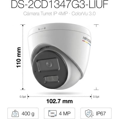 HIKVISION - [ColorVu 3.0 + MD 3.0] Turret IP 4 Megapixel / Lente 2.8 mm / 30 mts IR + 30 mts Luz Blanca / Micrófono Integrado / Motion Detection 3.0 / Exterior IP67 / WDR 120 dB / PoE / Micro SD