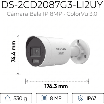 HIKVISION - [Dual Light + ColorVu 3.0 + HikAI] Bala IP 8 Megapixel / Lente 2.8 mm / 40 mts IR + Luz Blanca / 2 Microfonos Integrados / Exterior IP67 / WDR 130 dB / ACUSENSE 3.0 / Metal / NEMA 4X / ACUSEEK