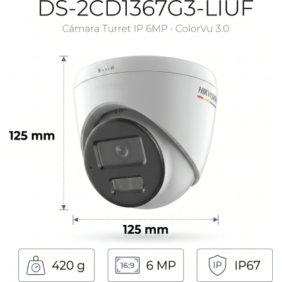 HIKVISION - [ColorVu 3.0 + MD 3.0]  Turret IP 6 Megapixel / Lente 2.8 mm / 30 mts IR + 30 mts Luz Blanca / Micrófono Integrado / ACUSENSE Lite / Exterior IP67 / WDR 120 dB / PoE / Micro SD