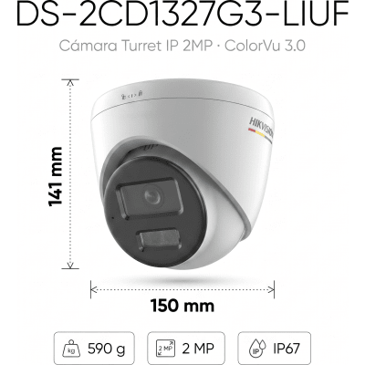 HIKVISION - [ColorVu 3.0 + MD 3.0] Turret IP 2 Megapixel / Lente 2.8 mm / 30 mts IR + 30 mts Luz Blanca / Micrófono Integrado /Motion Detection 3.0 / Exterior IP67 / dWDR / PoE / Micro SD