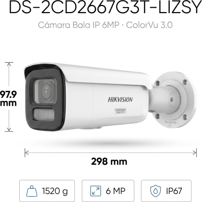HIKVISION - [Dual Light + ColorVu 3.0 + HikAI] Bala IP 6 Megapixel / Lente Mot. 2.8 a 12 mm / 60 mts IR + Luz Blanca / Exterior IP67 / WDR 130 dB / ACUSENSE 3.0 / Metal / NEMA 4X / ACUSEEK