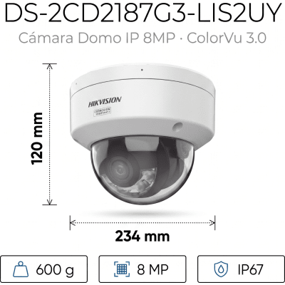HIKVISION - [Dual Light + ColorVu 3.0 + HikAI] Domo IP 8 Megapixel / Lente 2.8 mm / 30 mts IR + Luz Blanca / 2 Microfonos Integrados / Exterior IP67 / WDR 130 dB / ACUSENSE 3.0 / Metal / NEMA 4X / ACUSEEK