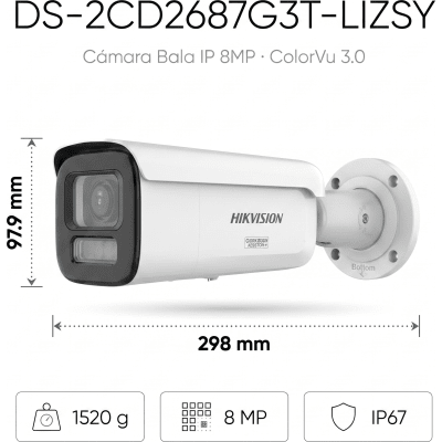 HIKVISION - [Dual Light + ColorVu 3.0 + HikAI] Bala IP 8 Megapixel / Lente Mot. 2.8 a 12 mm / 60 mts IR + Luz Blanca / Exterior IP67 / WDR 130 dB / ACUSENSE 3.0 / Metal / NEMA 4X / ACUSEEK