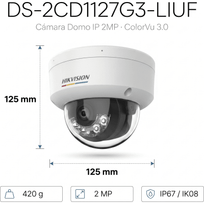 HIKVISION - [ColorVu 3.0 + MD 3.0] Domo IP 2 Megapixel / Lente 2.8 mm / 30 mts IR + 30 mts Luz Blanca / Micrófono Integrado / Motion Detection 3.0 / Exterior IP67 / IK08 / dWDR / PoE / Micro SD