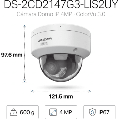 HIKVISION - [Dual Light + ColorVu 3.0 + HikAI] Domo IP 4 Megapixel / Lente 2.8 mm / 30 mts IR + Luz Blanca / 2 Microfonos Integrados / Exterior IP67 / WDR 130 dB / ACUSENSE 3.0 / Metal / NEMA 4X / ACUSEEK