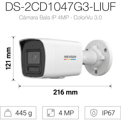 HIKVISION - [ColorVu 3.0 + MD 3.0] Bala IP 4 Megapixel / Lente 2.8 mm / Dual Light (30 mts IR + 30 mts Luz Blanca) / Micrófono Integrado / Detección de Movimiento 3.0 / Exterior IP67 / WDR / PoE / Micro SD