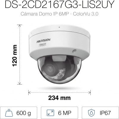 HIKVISION - [Dual Light + ColorVu 3.0 + HikAI] Domo IP 6 Megapixel / Lente 2.8 mm / 30 mts IR + Luz Blanca / 2 Microfonos Integrados / Exterior IP67 / WDR 130 dB / ACUSENSE 3.0 / Metal / NEMA 4X / ACUSEEK
