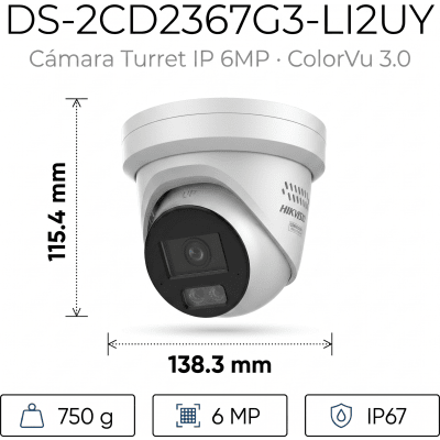 HIKVISION - [Dual Light + ColorVu 3.0 + HikAI] Turret IP 6 Megapixel / Lente 2.8 mm / 30 mts IR + Luz Blanca / 2 Microfonos Integrados / Exterior IP67 / WDR 130 dB / ACUSENSE 3.0 / Metal / NEMA 4X / ACUSEEK