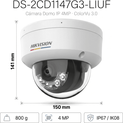 HIKVISION - [ColorVu 3.0 + MD 3.0] Domo IP 4 Megapixel / Lente 2.8 mm / 30 mts IR + 30 mts Luz Blanca / Micrófono Integrado / Motion Detection 3.0 / Exterior IP67 / IK08 / WDR 120 dB / PoE / Micro SD