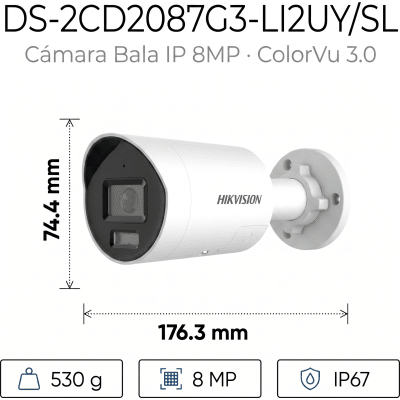 HIKVISION - [Dual Light + ColorVu 3.0 + HikAI] Bala IP 8 Megapixel / Lente 2.8 mm / 40 mts IR + Luz Blanca / 2 Microfonos Integrados / Exterior IP67 / Estrobo Luz Blanca / WDR 130 dB / ACUSENSE 3.0 / Metal / NEMA 4X / ACUSEEK